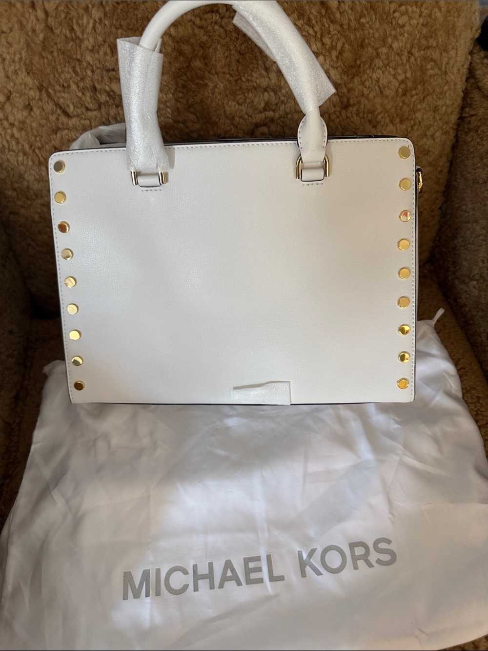Michael Kors White Saffiano Satchel with Gold Stud Accents - Picture 2 of 4
